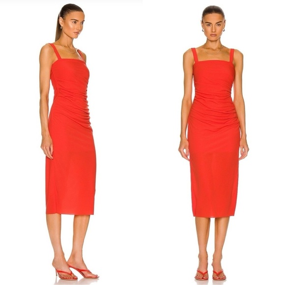 NWT HELMUT LANG Twist Crepe Midi Bodycon Dress in Poppy Sz M - Picture 1 of 6